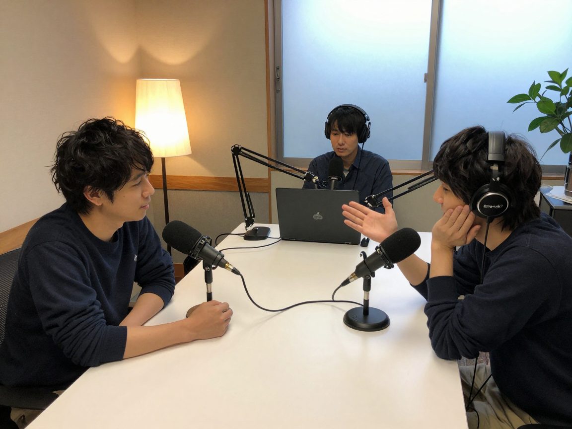 テーブル席でポッドキャスト収録する二人とエンジニア
